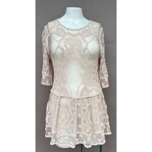 Yaira L Beige Cream Lace Dress Tunic‎ Top Boho Crochet Sheer 3/4 Sleeve Cottage